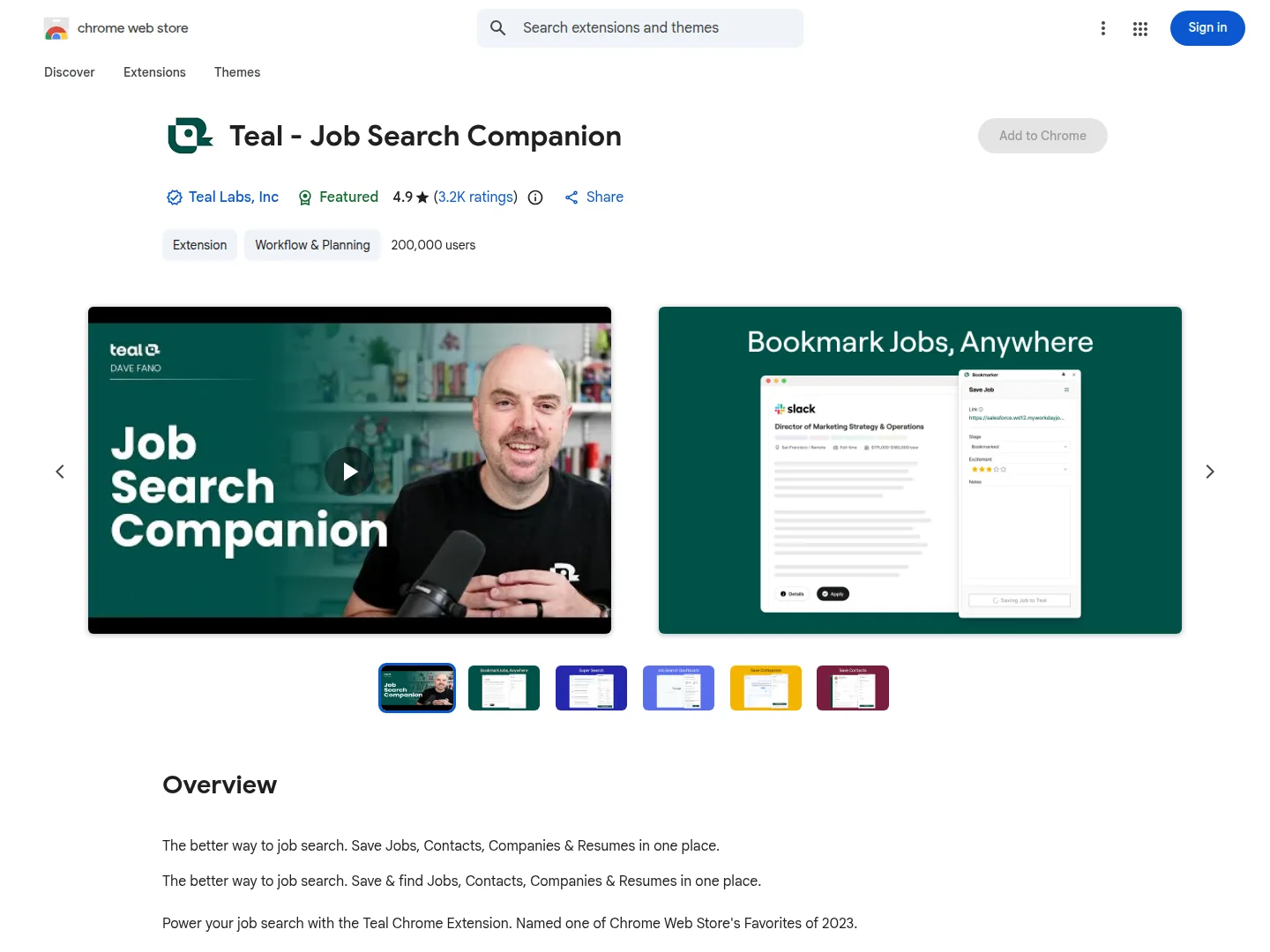 Chrome Web Store listing for Teal - Job Search Companion by Teal Labs, Inc showing a Featured badge, 4.9 stars from 3.2K ratings, and 200,000 users