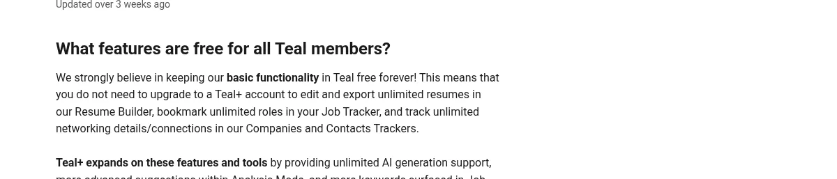 Teal help-centre article stating basic functionality is free forever, including editing and exporting unlimited resumes, bookmarking unlimited roles, and tracking unlimited networking details