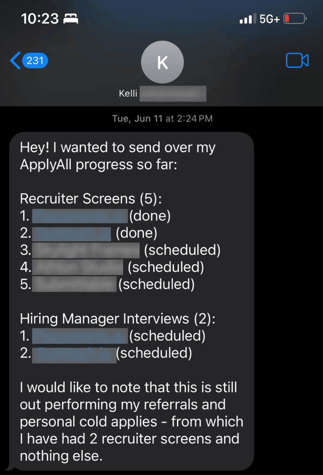 Kelli's iPhone showing recruiter screens and interview emails